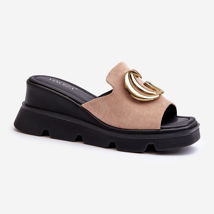 Vinceza Damen-Flip-Flops aus Öko-Wildleder mit Keilabsatz und Plateau mit Goldverzierung, Beige Iaria 1