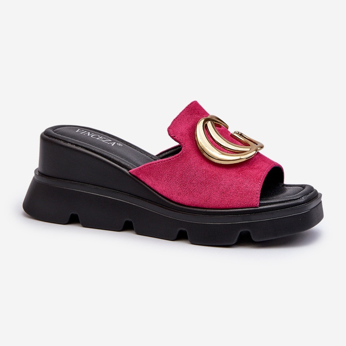 Vinceza Damen-Flip-Flops aus Öko-Wildleder auf Keilabsatz und Plateau mit Goldverzierung Fuchsia Iaria rosa 1