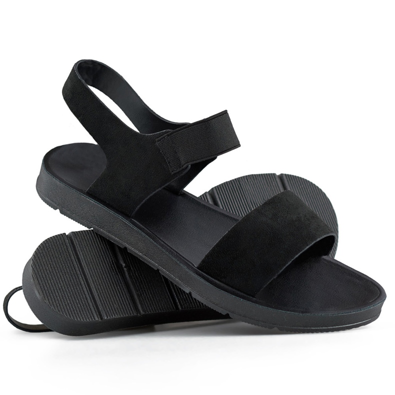 Schwarze Wildledersandalen mit Gummiband und flacher Sohle 1