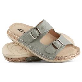 Bequeme graue Damen-Flip-Flops mit zwei Schnallen und einer Innensohle aus Leder 1