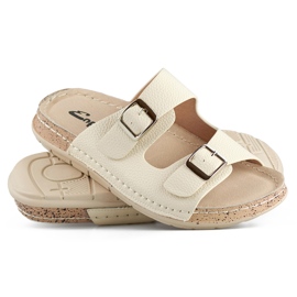 Bequeme beige Damen-Flip-Flops mit zwei Schnallen und einer Innensohle aus Leder 1