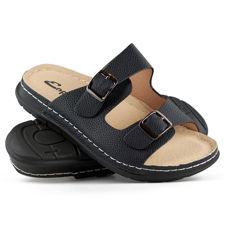 Bequeme schwarze Damen-Flip-Flops mit zwei Schnallen und einer Innensohle aus Leder 1