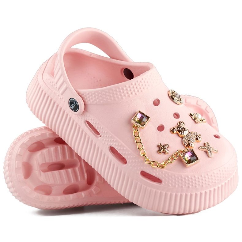 Rosa Flip-Flops mit dicker Sohle und Verzierungen 1