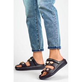 Leichte schwarze Damen-Flip-Flop-Sandalen aus Gummi mit dekorativen Elementen 1