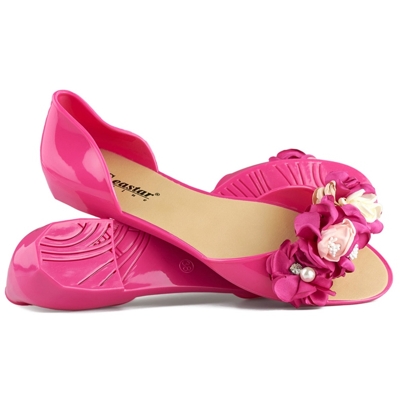 Rosa offene Ballerinas aus Gummi mit Blumen 1