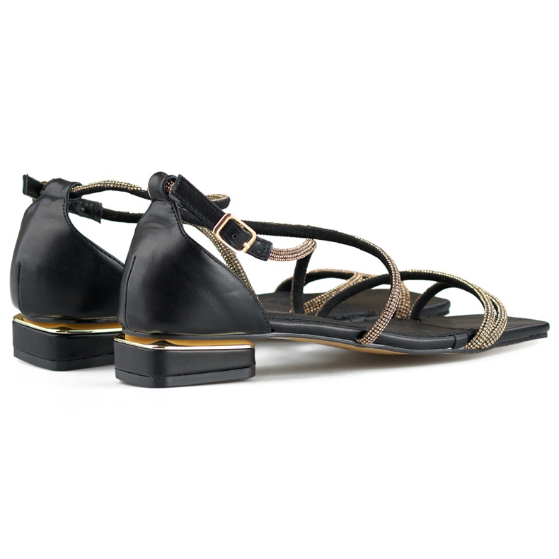 Elegante Damen-Sandalen mit niedrigem Absatz und Zirkonia schwarz 1