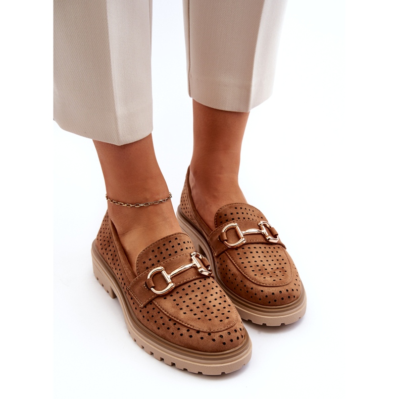 Bellucci Durchbrochene Mokassins für Damen mit Kamelverzierung braun 3