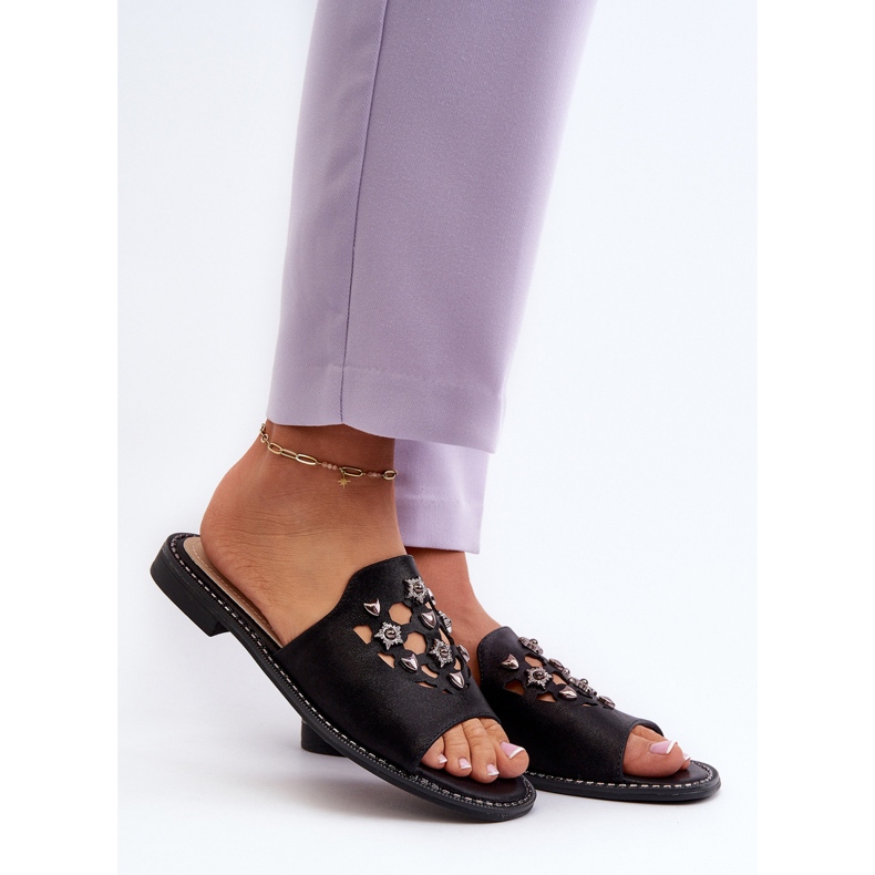 Glänzende Damen-Flip-Flops mit Verzierungen S.Barski KV27-063 Schwarz 2