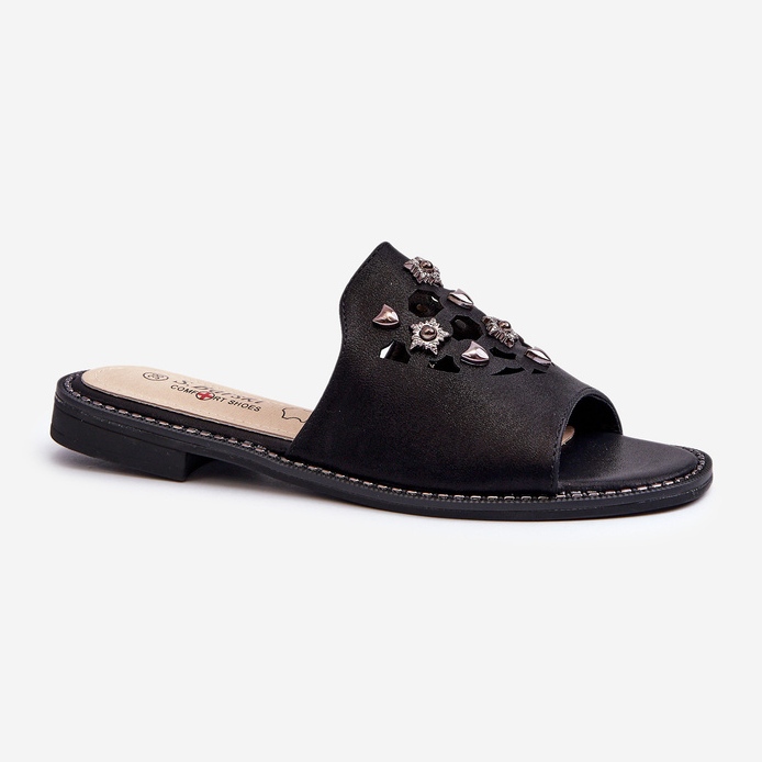 Glänzende Damen-Flip-Flops mit Verzierungen S.Barski KV27-063 Schwarz 1