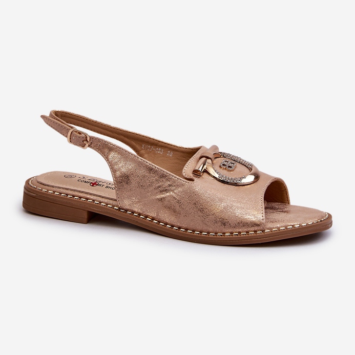 Elegante Damensandalen mit Goldverzierung auf flachen Absätzen, Roségold S.Barski KV27-053 golden 1