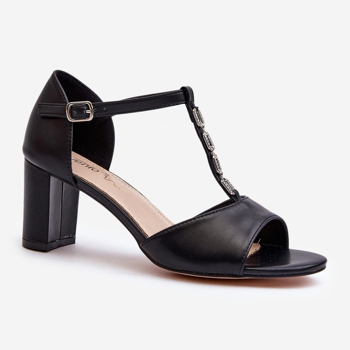 Damensandalen mit hohem Absatz und dekorativem Riemen, Öko-Leder, schwarzes Triavera 1