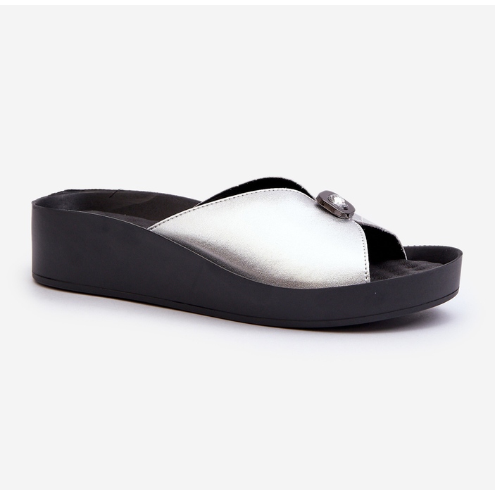 Damen-Flip-Flops aus Leder mit silberner Verzierung S.Barski KV27-027 silber- 1