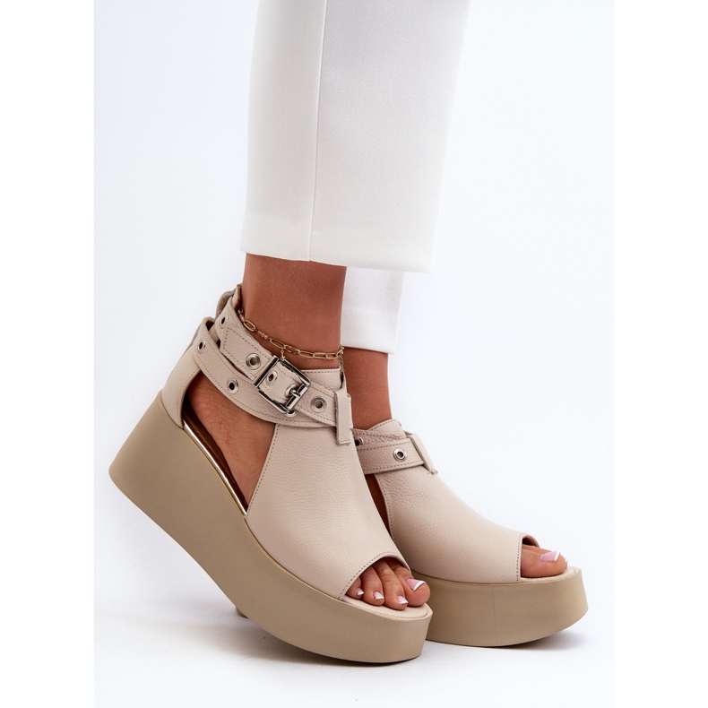 Zazoo 1732 Keilsandaletten aus Leder, Beige 2