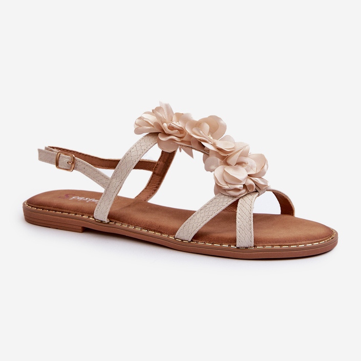 Flache Damensandalen mit Blumenverzierung, Beige Abidina 1