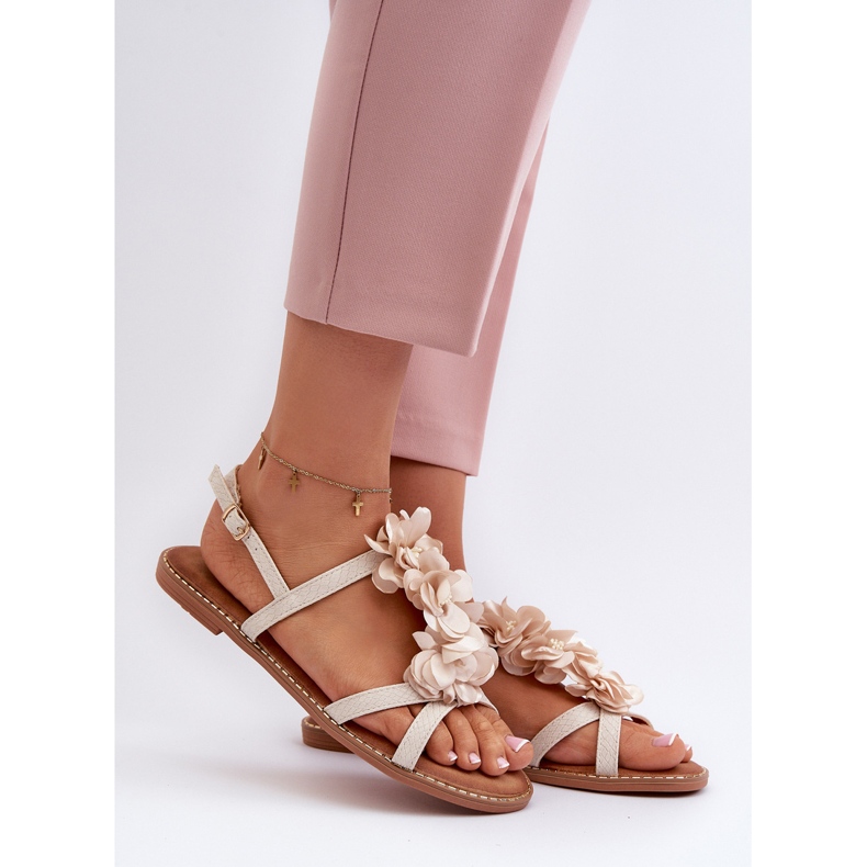 Flache Damensandalen mit Blumenverzierung, Beige Abidina 2