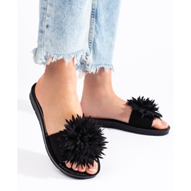 Schwarze Damen-Flip-Flops mit einer Blume 1