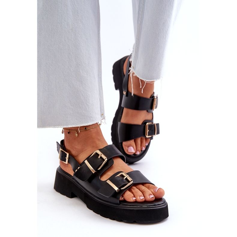 Damensandalen mit Schnallen aus Öko-Leder in Schwarz 4