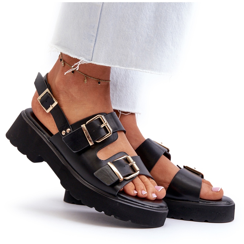 Damensandalen mit Schnallen aus Öko-Leder in Schwarz 9