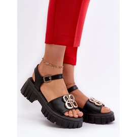 Damen-Ledersandalen mit Goldverzierung, Schwarz Vinceza 7910 2