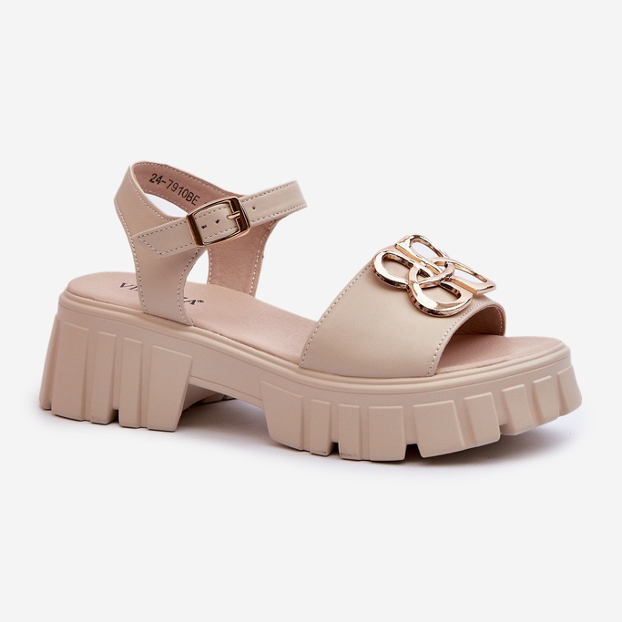 Beige Damen-Ledersandalen mit Goldverzierung Vinceza 7910 1