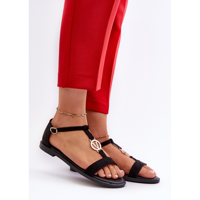 Flache Damensandalen mit Goldverzierung Vinceza 17321 Schwarz 2