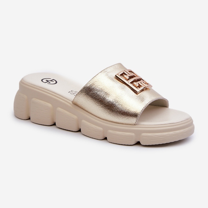 Damen-Flip-Flops aus Leder mit Goldverzierung auf Keilabsatz Vinceza 41444 Gold golden 1