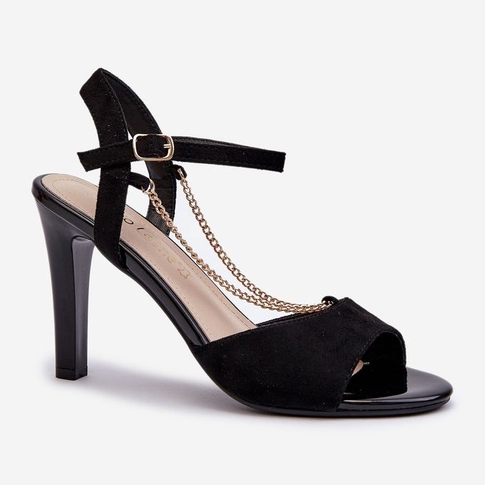 Damensandalen mit hohem Absatz, Öko-Wildleder mit Kette, Sergio Leone SK925, Schwarz 2