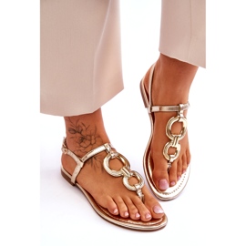 Ideal Shoes Leder-Flip-Flops mit flachem, goldenem Absatz 4