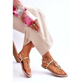 Ideal Shoes Leder-Flip-Flops mit flachem, goldenem Absatz 5