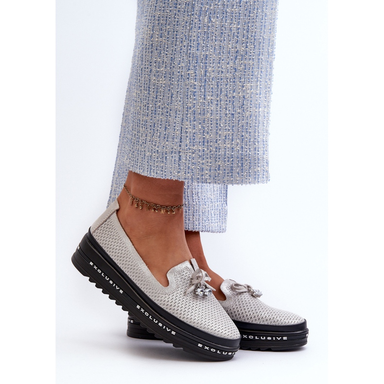 Glänzende Damen-Ledermokassins auf der S.Barski LR400-Plattform in Silber silber- 2