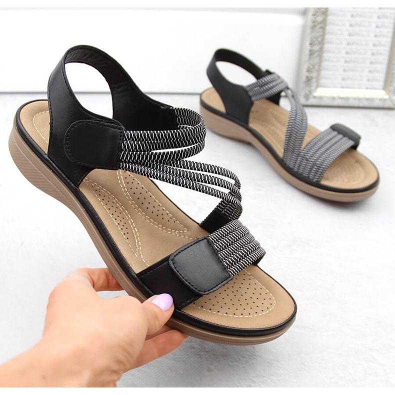 Damen-Sandalen mit Klettverschluss und Gummibändern, schwarz Sabatina Y8066-1 1