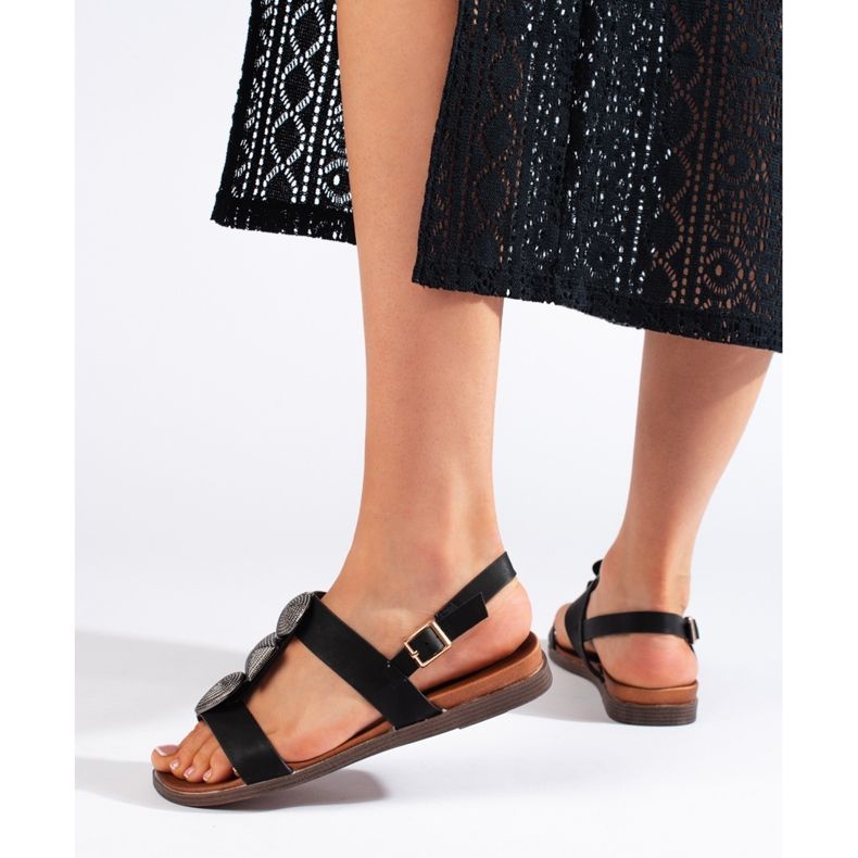 Sergio Leone Schwarze bequeme flache Damensandalen 2