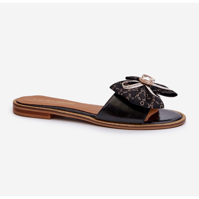 Flache Damen-Flip-Flops aus Leder mit Schleife Laura Messi 2791 Schwarz 1