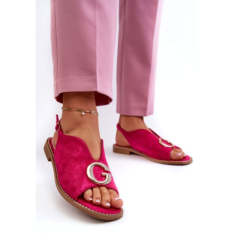 Elegante Damensandalen mit Dekoration aus Öko-Wildleder S.Barski KV27-058 Fuchsia rosa 1