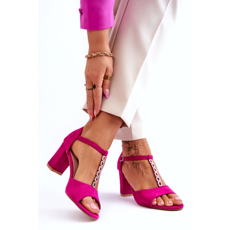 S.Barski Damen-Sandalen aus Wildleder mit Strasssteinen auf hohem Absatz, Fuchsia rosa 2