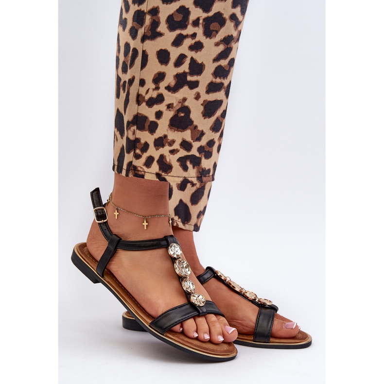 Flache Damensandalen mit Verzierungen Schwarz Muridia 1