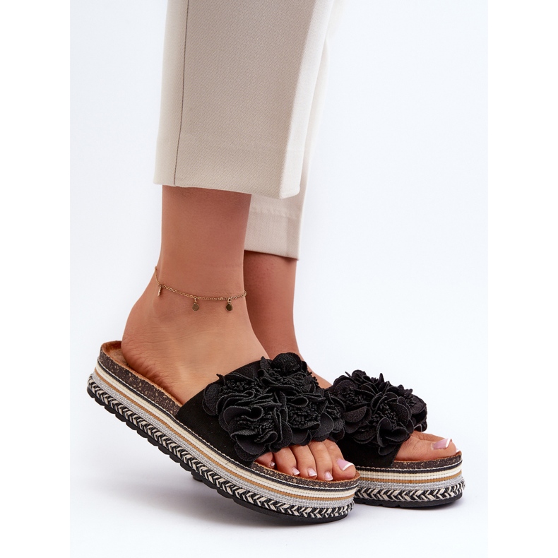 Mit Blumen verzierte Damen-Plateau-Flip-Flops, Schwarz Nodina 1