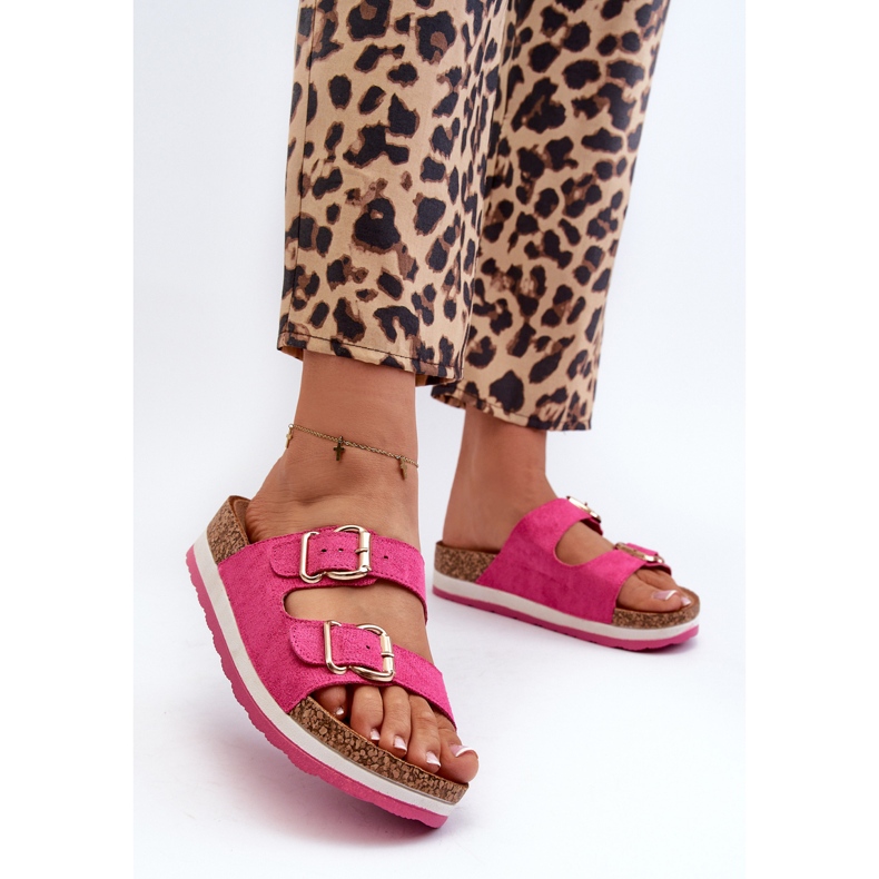 Damen-Flip-Flops auf der Plattform mit Schnallen aus Öko-Wildleder in Fuchsia von Ursila rosa 2