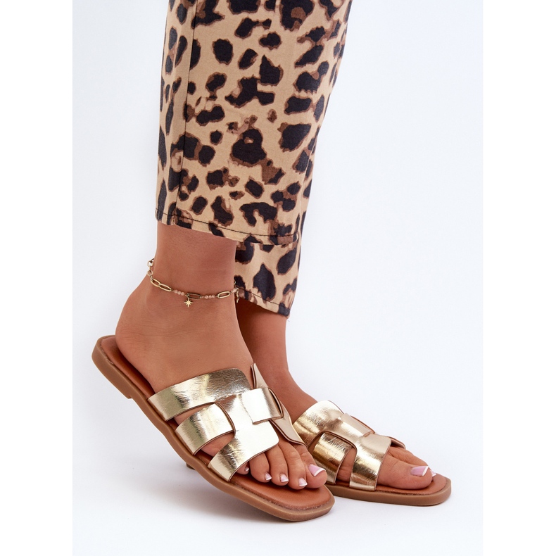 Flache Damen-Flip-Flops aus Öko-Leder, Risamay Gold golden 2