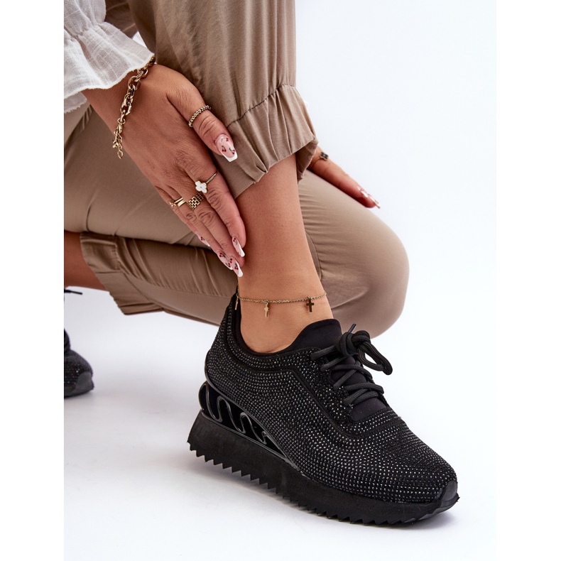 S.Barski Damen-Sneaker mit Keilabsatz, verziert mit Zirkonen D&amp;A MR38-377 Schwarz 1