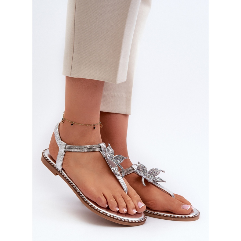 Flache Damensandalen mit dekorativer Blume, Silver Edoni silber- 1