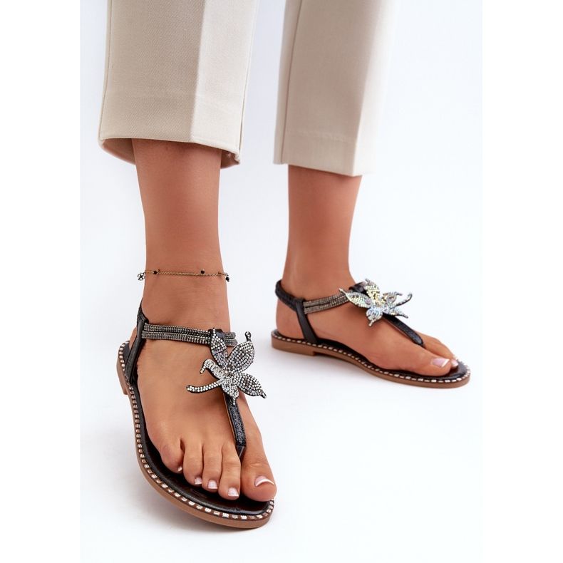 Flache Damensandalen mit dekorativer Blume, Black Edoni schwarz 2