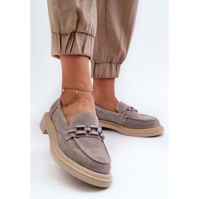 S.Barski Damen-Mokassins aus Wildleder mit flachem Absatz und Verzierung D&amp;A TW101 Grau 2