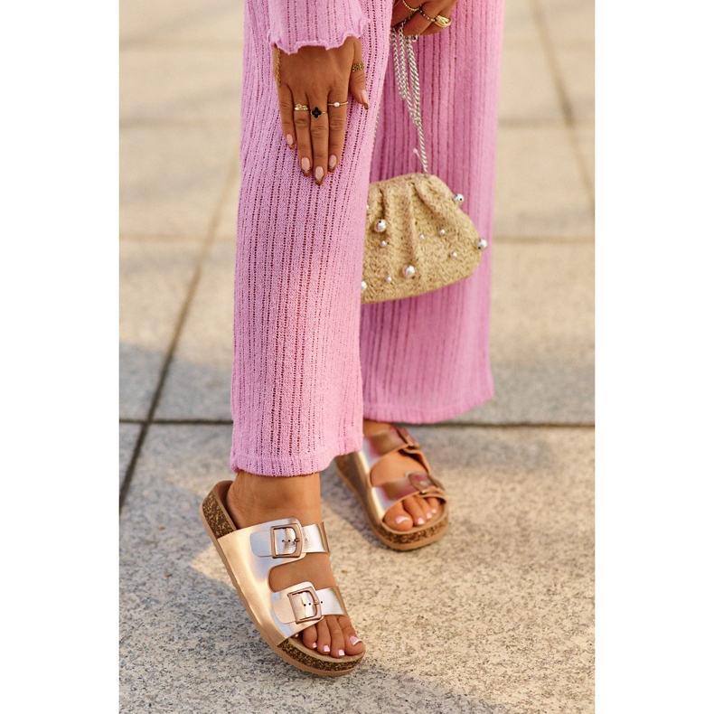 Evento Damen-Flip-Flops auf Korkplattform mit Schnallen, Roségold, Klinesta golden 1