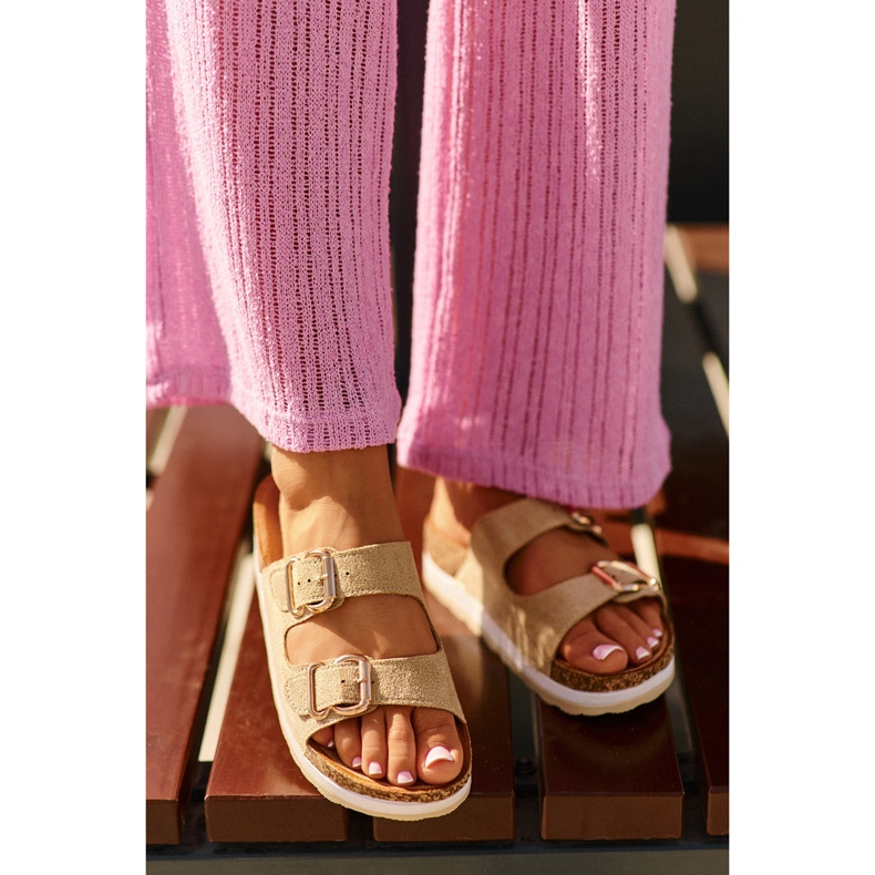 Damen-Flip-Flops auf Plateausohle mit Schnallen, beiges Öko-Wildleder Ursila 1