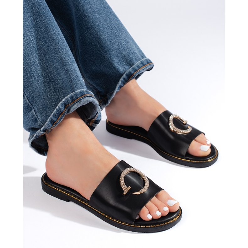 Schwarze Damen-Flip-Flops mit dekorativem Element 1
