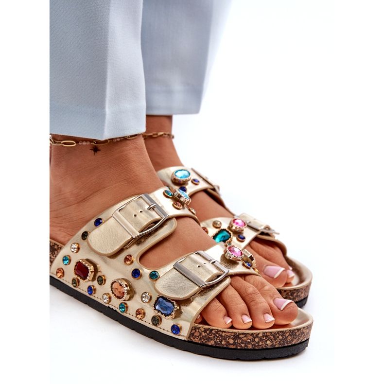 Verzierte Damen-Flip-Flops mit Schnallen S.Barski MY121 Gold golden 3