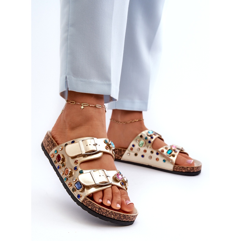 Verzierte Damen-Flip-Flops mit Schnallen S.Barski MY121 Gold golden 2