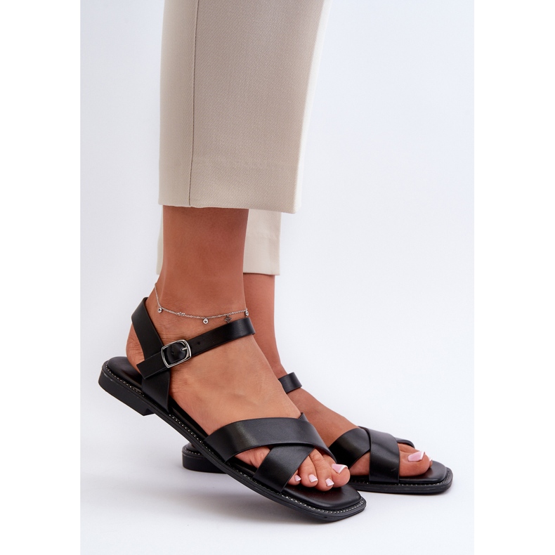 Flache Damensandalen aus Öko-Leder S.Barski KV27-003 Schwarz 1