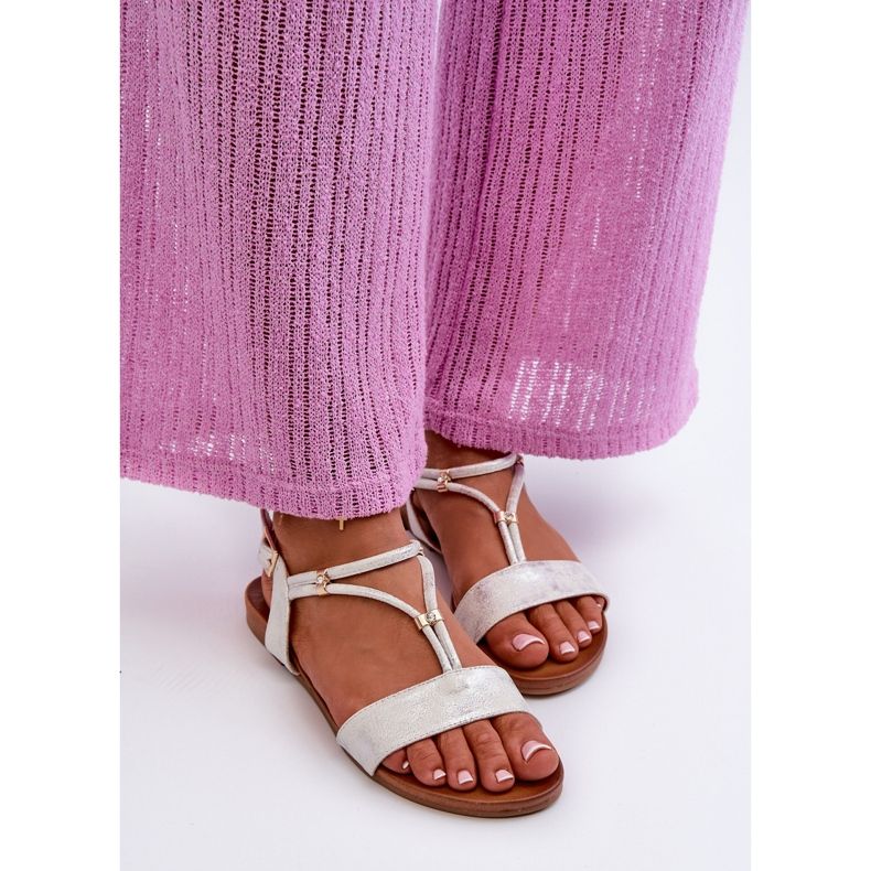 Flache Damensandalen mit Riemen S.Barski KV27-010 Weiß und Silber silber- 2